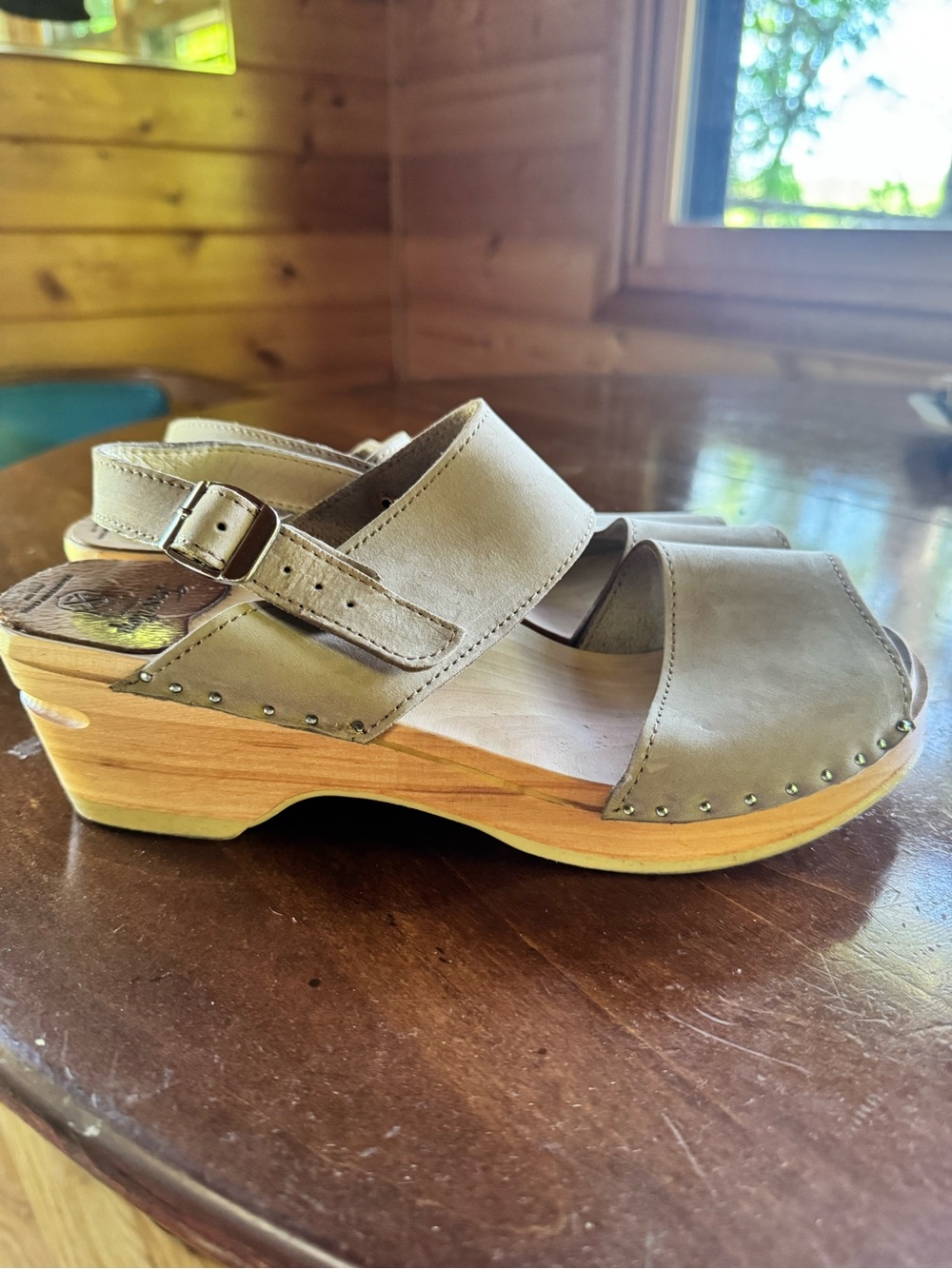 Women’s Taupe Leather Buckle Clog Sandal